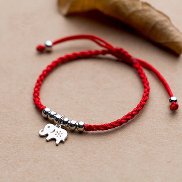 Handcrafted 925 Sterling Silver Elephant & Snowflake Bead Red String Bracelet