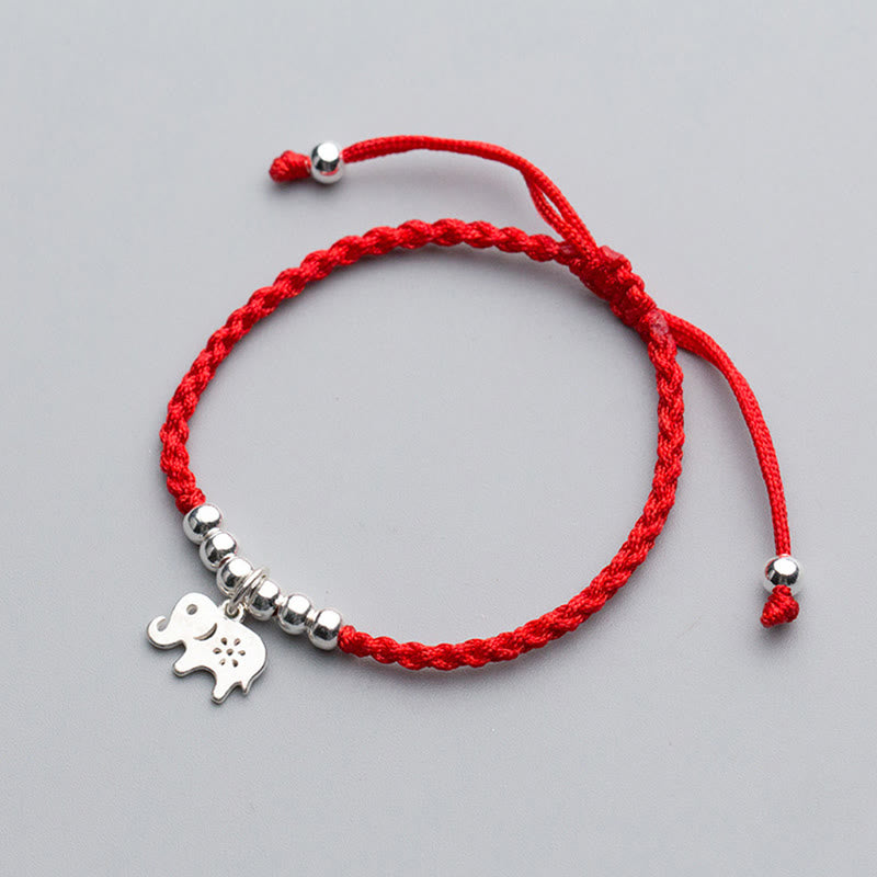 Handcrafted 925 Sterling Silver Elephant & Snowflake Bead Red String Bracelet