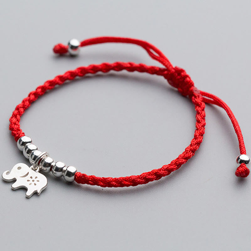 Handcrafted 925 Sterling Silver Elephant & Snowflake Bead Red String Bracelet