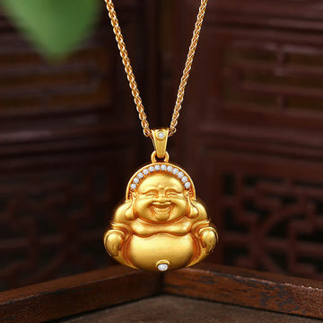 Copper Laughing Buddha Pattern Happiness Necklace Pendant