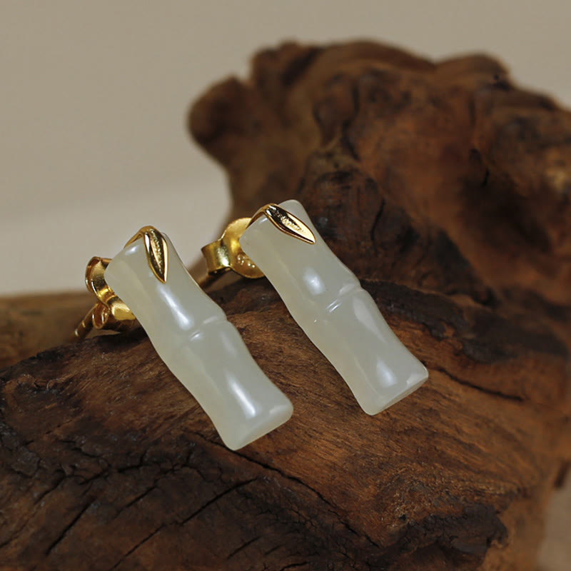 Bamboo Hetian Jade 925 Sterling Silver Leaf Wealth Earrings