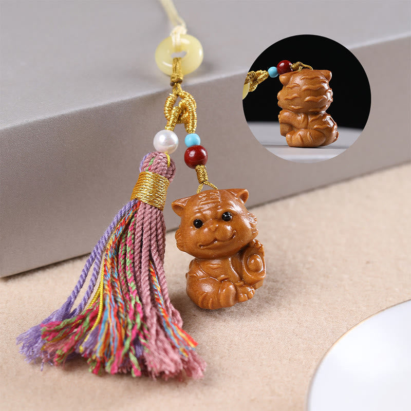 Hand-Carved Sandalwood Chinese Zodiac Tassel Keychain Accessory