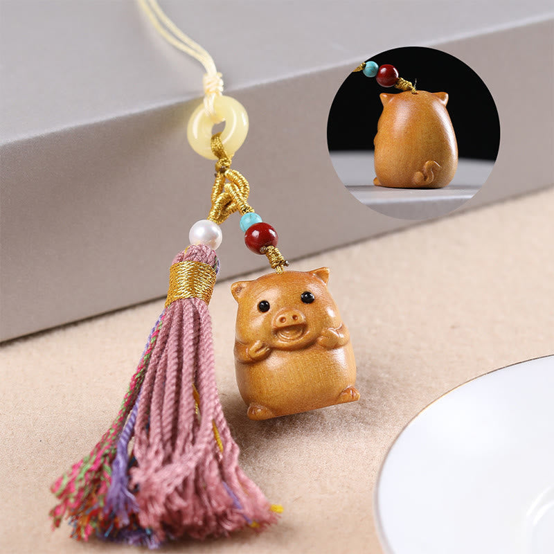 Hand-Carved Sandalwood Chinese Zodiac Tassel Keychain Accessory
