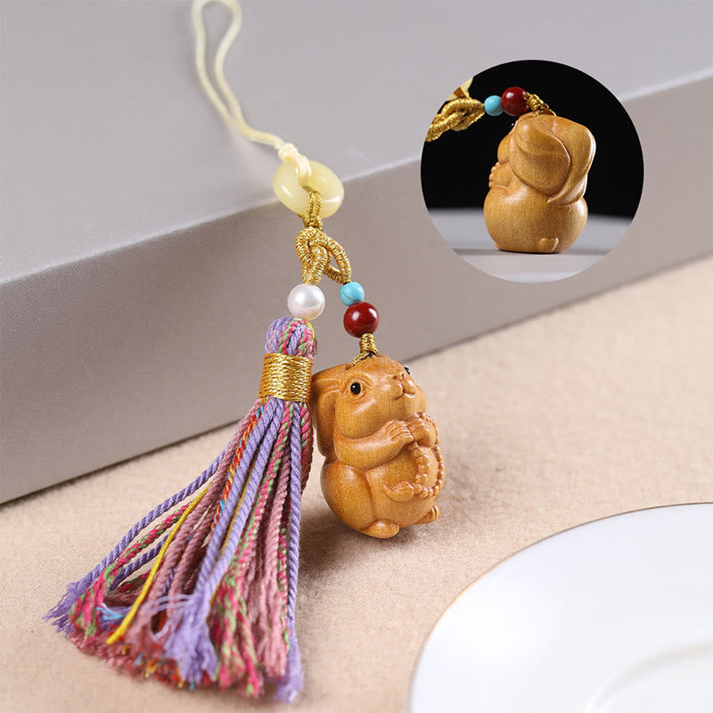 Hand-Carved Sandalwood Chinese Zodiac Tassel Keychain Accessory