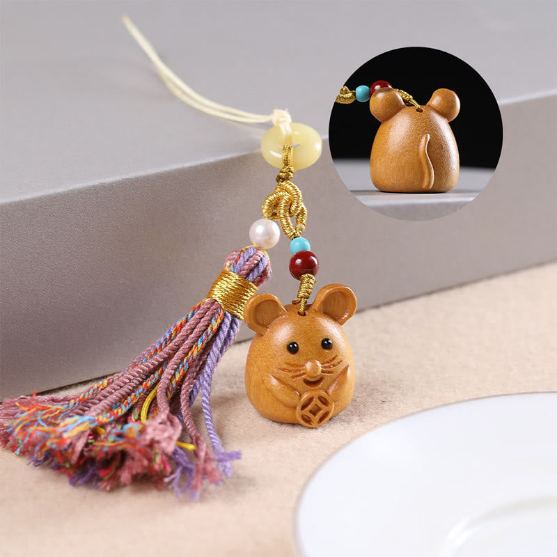 Hand-Carved Sandalwood Chinese Zodiac Tassel Keychain Accessory