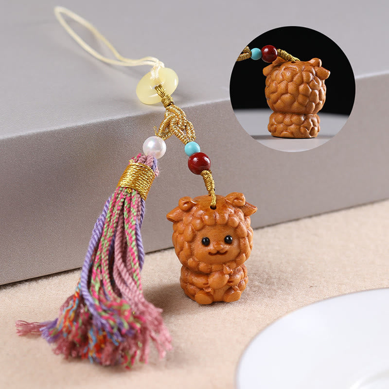 Hand-Carved Sandalwood Chinese Zodiac Tassel Keychain Accessory