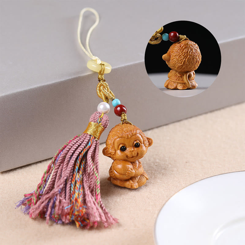 Hand-Carved Sandalwood Chinese Zodiac Tassel Keychain Accessory