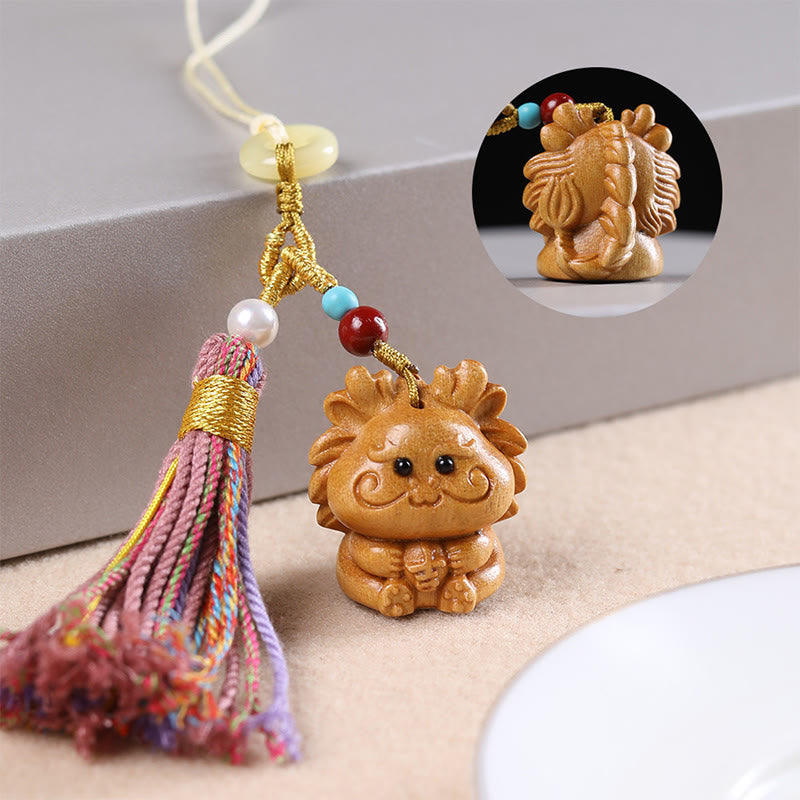 Hand-Carved Sandalwood Chinese Zodiac Tassel Keychain Accessory