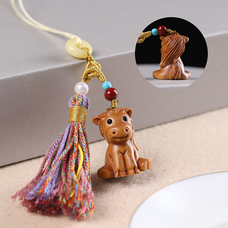 Hand-Carved Sandalwood Chinese Zodiac Tassel Keychain Accessory