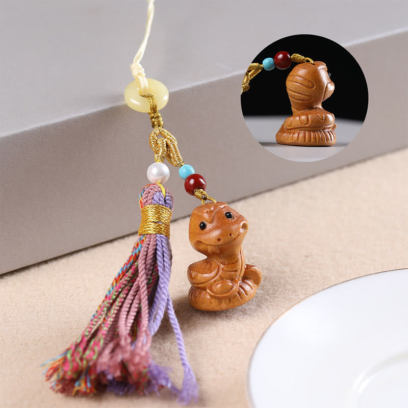 Hand-Carved Sandalwood Chinese Zodiac Tassel Keychain Accessory