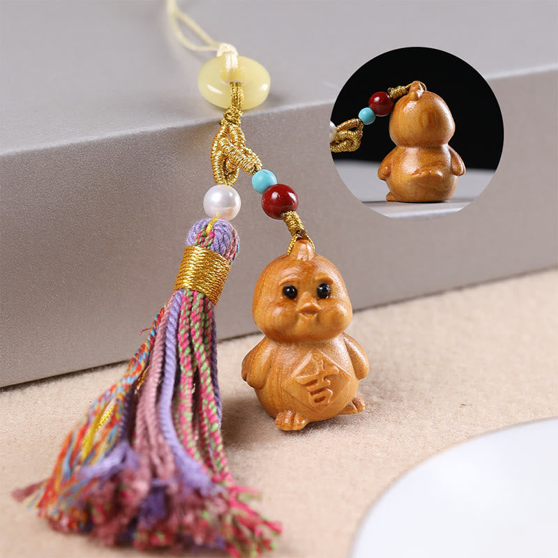 Hand-Carved Sandalwood Chinese Zodiac Tassel Keychain Accessory