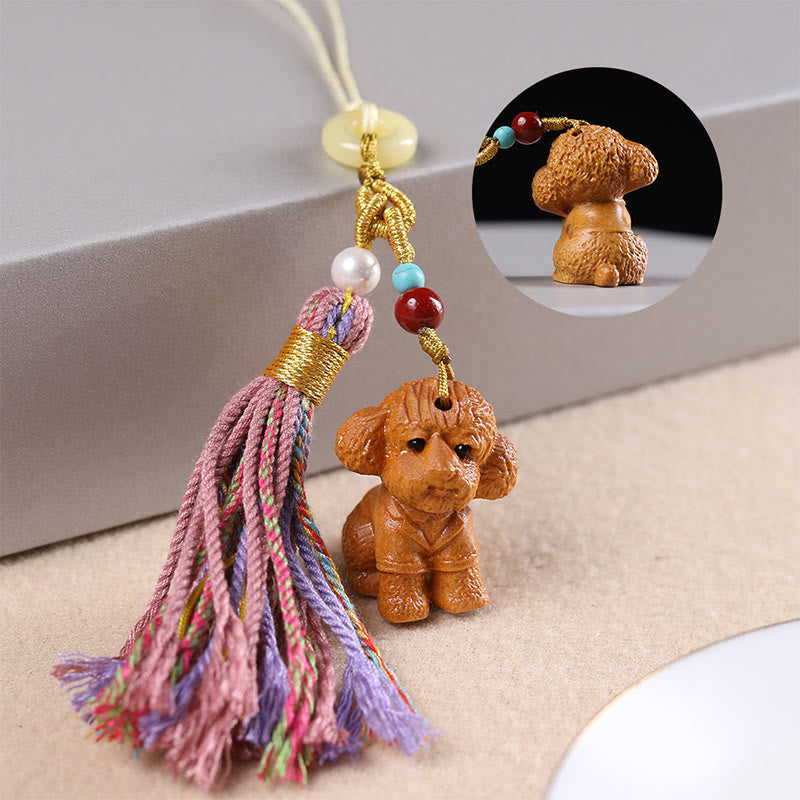 Hand-Carved Sandalwood Chinese Zodiac Tassel Keychain Accessory