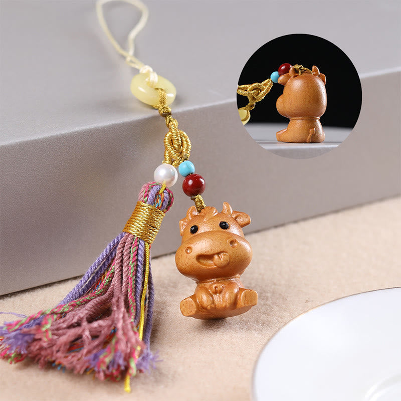 Hand-Carved Sandalwood Chinese Zodiac Tassel Keychain Accessory