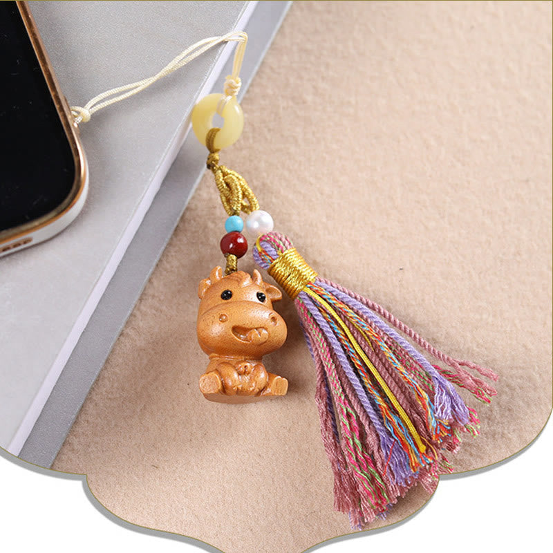 Hand-Carved Sandalwood Chinese Zodiac Tassel Keychain Accessory