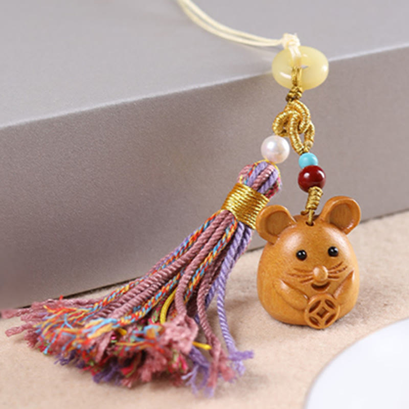 Hand-Carved Sandalwood Chinese Zodiac Tassel Keychain Accessory