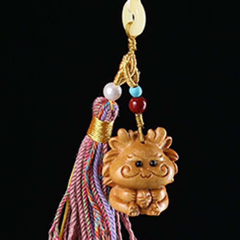 Hand-Carved Sandalwood Chinese Zodiac Tassel Keychain Accessory