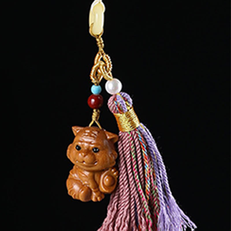 Hand-Carved Sandalwood Chinese Zodiac Tassel Keychain Accessory
