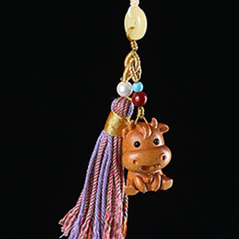 Hand-Carved Sandalwood Chinese Zodiac Tassel Keychain Accessory
