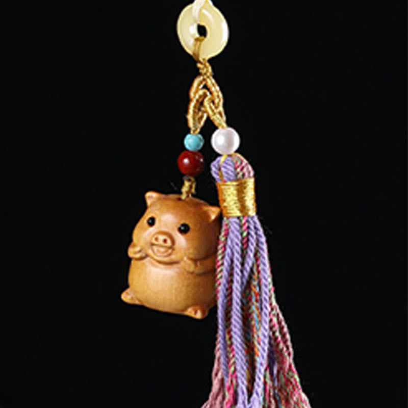 Hand-Carved Sandalwood Chinese Zodiac Tassel Keychain Accessory
