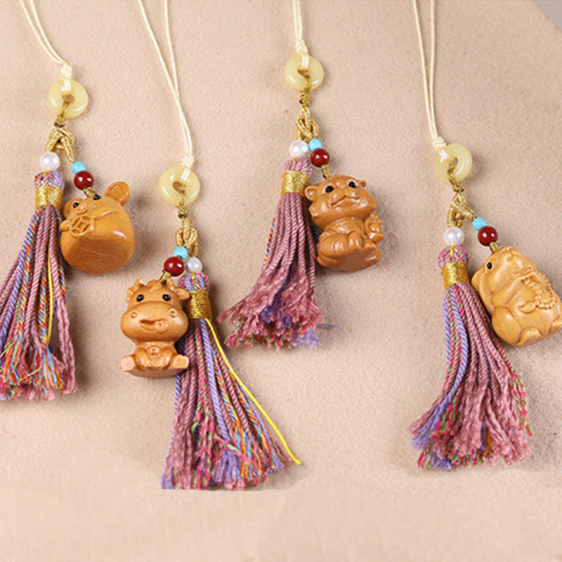 Hand-Carved Sandalwood Chinese Zodiac Tassel Keychain Accessory