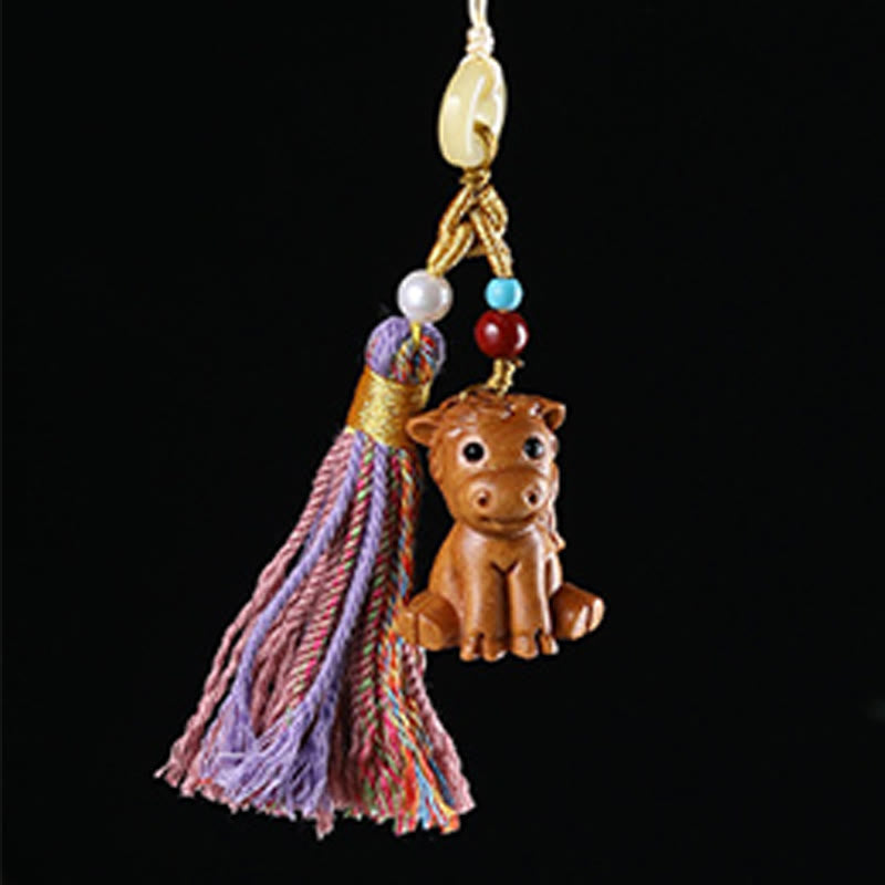 Hand-Carved Sandalwood Chinese Zodiac Tassel Keychain Accessory