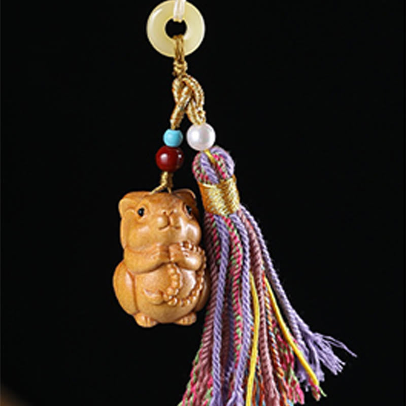 Hand-Carved Sandalwood Chinese Zodiac Tassel Keychain Accessory