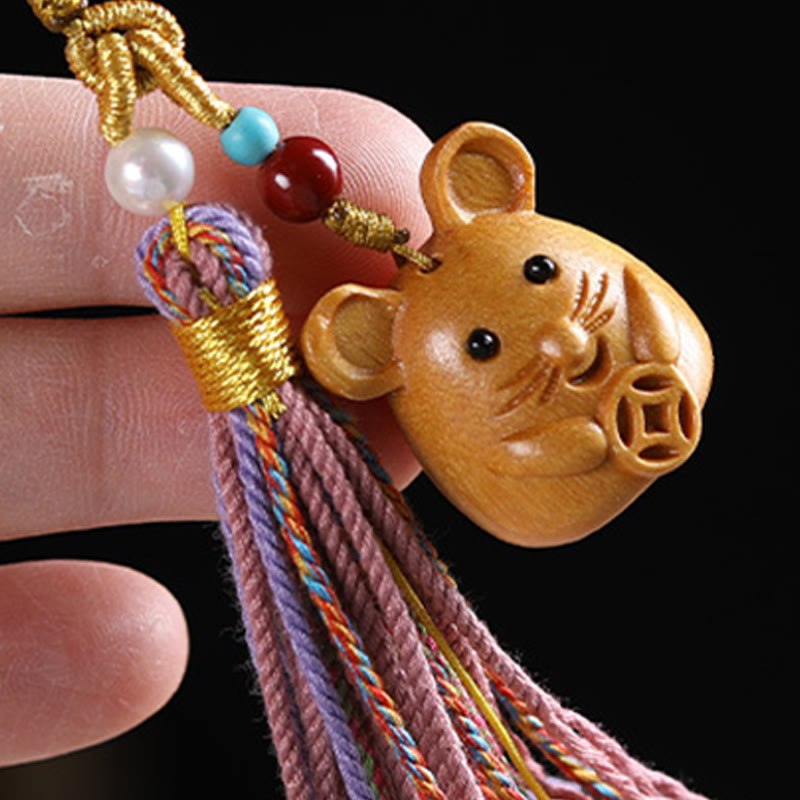 Hand-Carved Sandalwood Chinese Zodiac Tassel Keychain Accessory