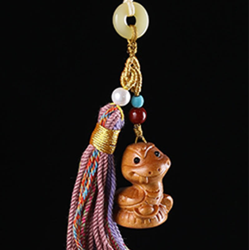 Hand-Carved Sandalwood Chinese Zodiac Tassel Keychain Accessory