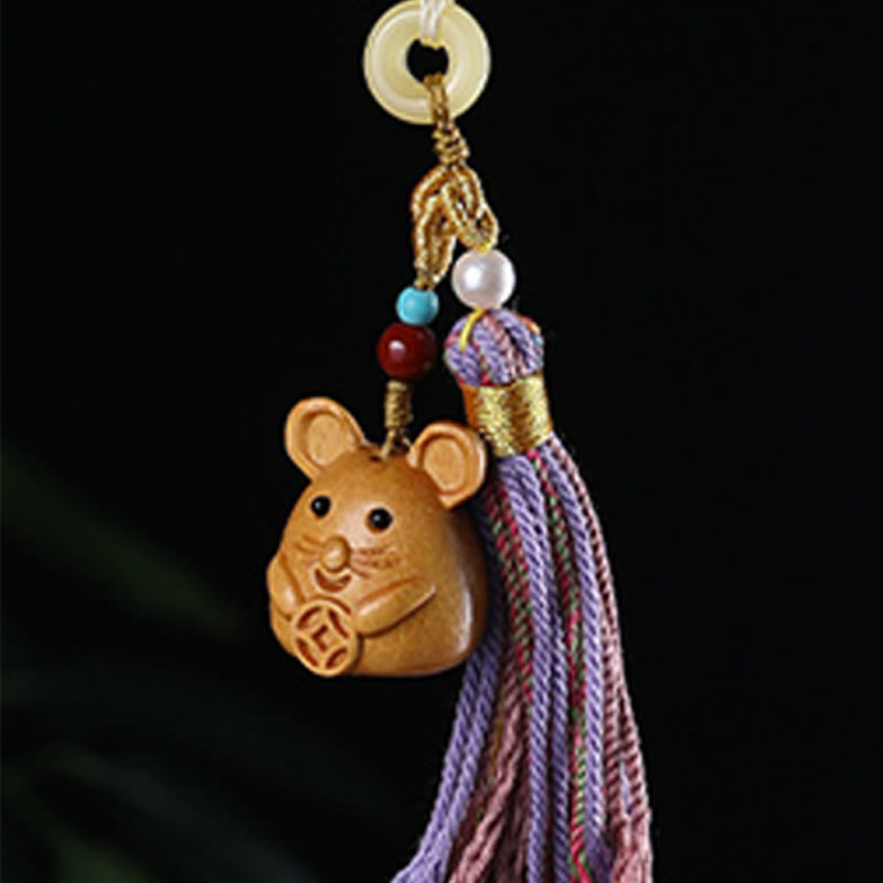 Hand-Carved Sandalwood Chinese Zodiac Tassel Keychain Accessory