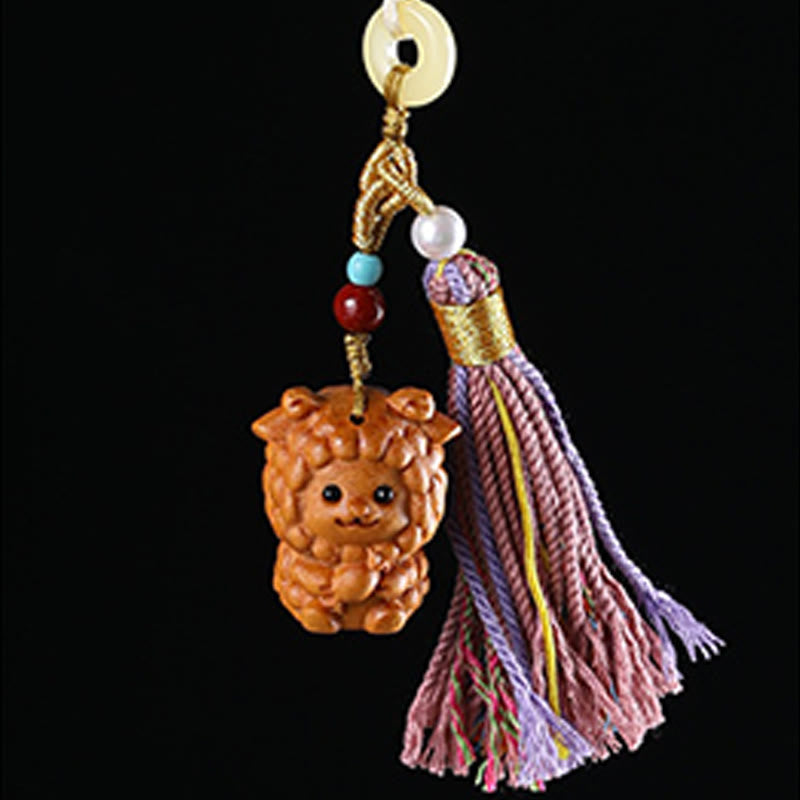Hand-Carved Sandalwood Chinese Zodiac Tassel Keychain Accessory
