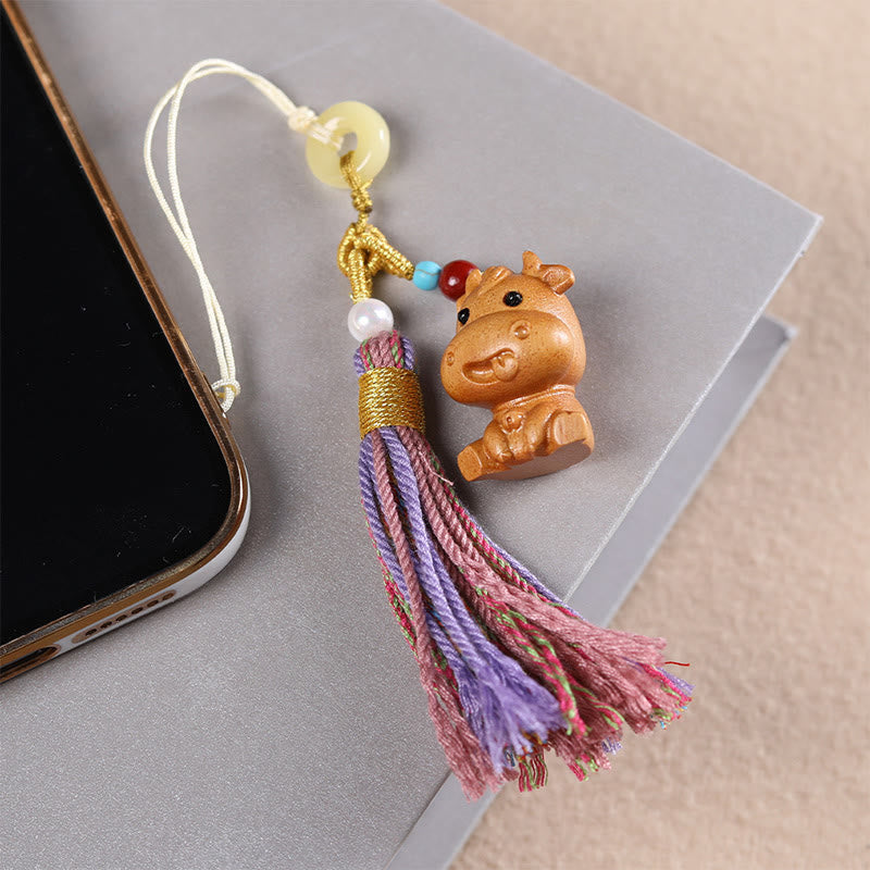 Hand-Carved Sandalwood Chinese Zodiac Tassel Keychain Accessory