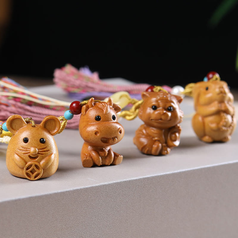 Hand-Carved Sandalwood Chinese Zodiac Tassel Keychain Accessory