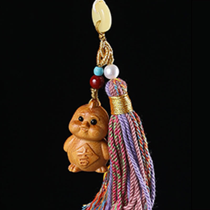 Hand-Carved Sandalwood Chinese Zodiac Tassel Keychain Accessory