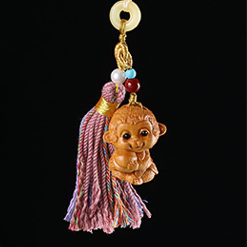 Hand-Carved Sandalwood Chinese Zodiac Tassel Keychain Accessory