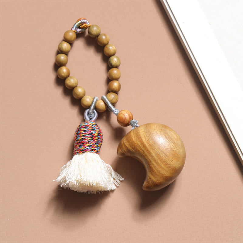 Natural Green Sandalwood Colored Rope Tassels Star Moon Abundance Key Chain
