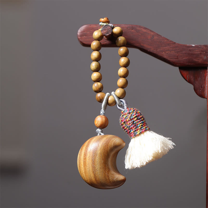 Natural Green Sandalwood Colored Rope Tassels Star Moon Abundance Key Chain