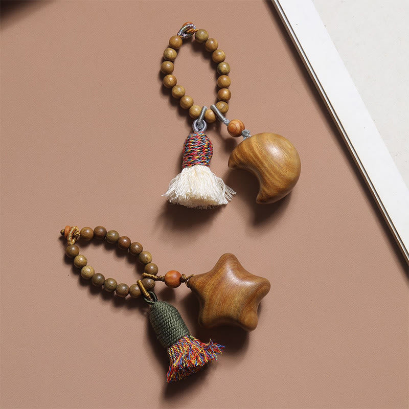 Natural Green Sandalwood Colored Rope Tassels Star Moon Abundance Key Chain