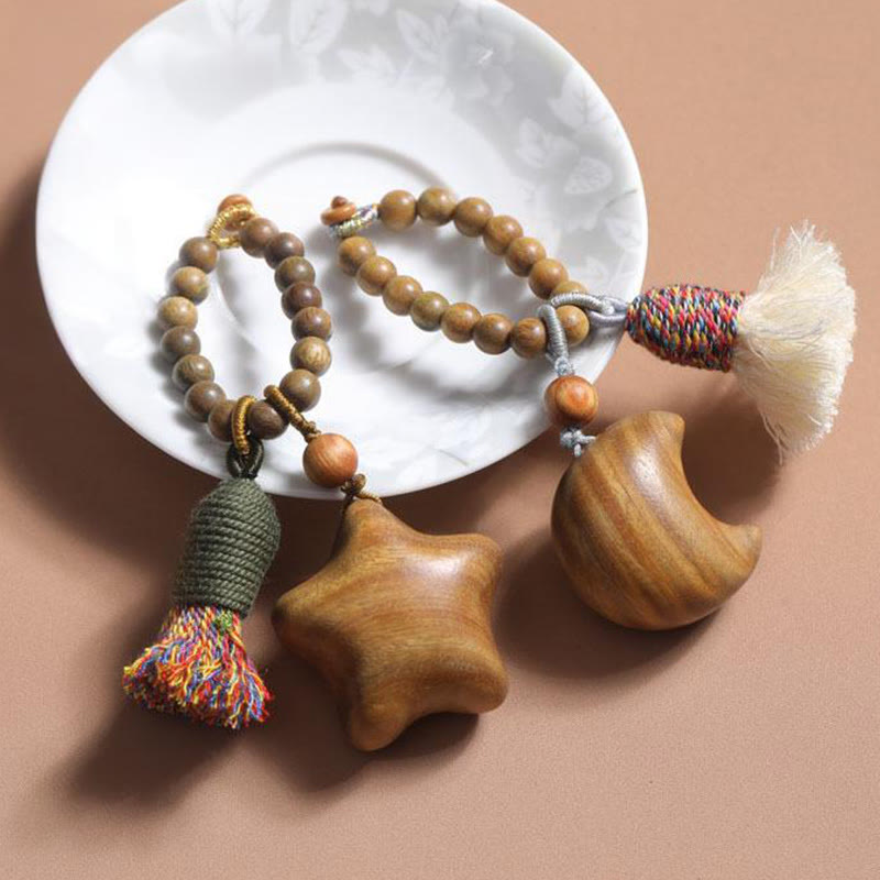 Natural Green Sandalwood Colored Rope Tassels Star Moon Abundance Key Chain