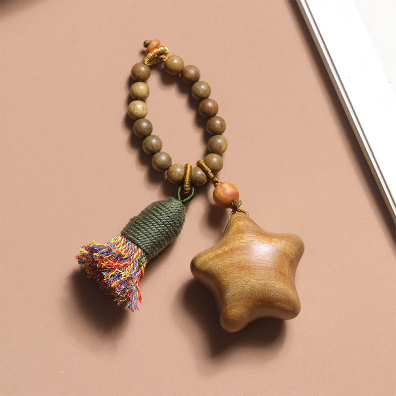 Natural Green Sandalwood Colored Rope Tassels Star Moon Abundance Key Chain