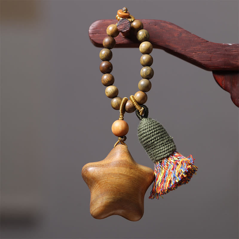 Natural Green Sandalwood Colored Rope Tassels Star Moon Abundance Key Chain