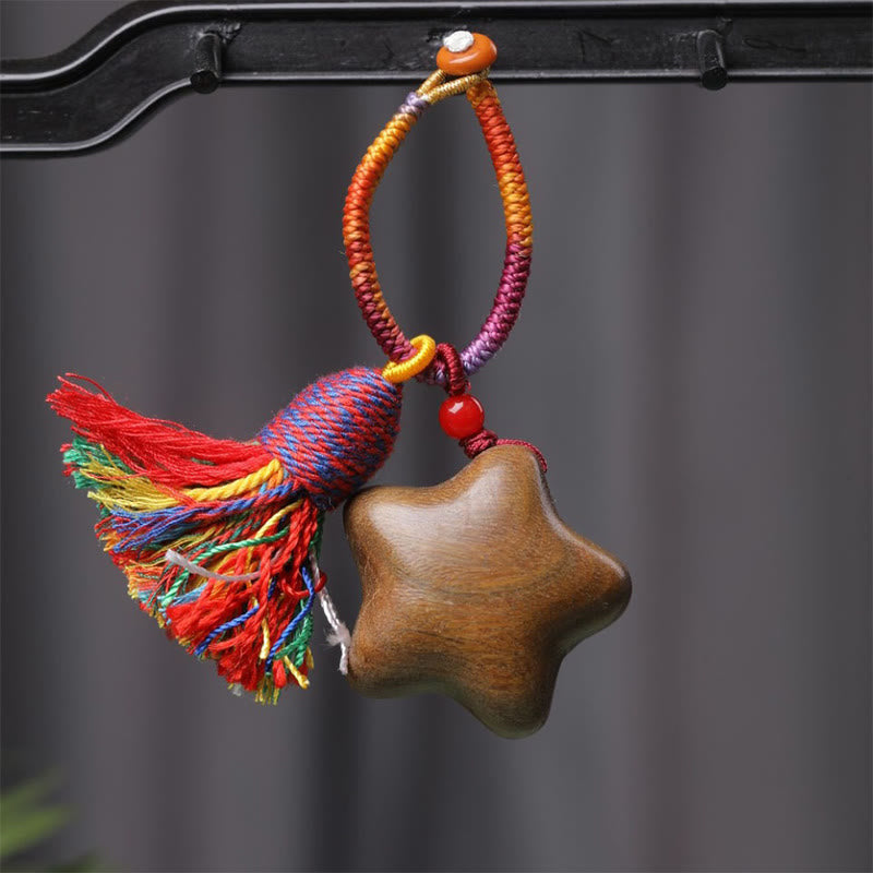 Green Sandalwood Moon & Star Keychain with Colored Rope