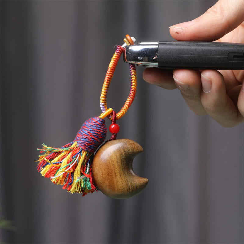 Green Sandalwood Moon & Star Keychain with Colored Rope