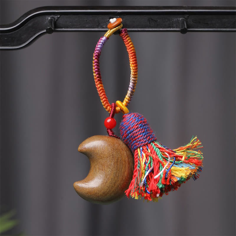Green Sandalwood Moon & Star Keychain with Colored Rope