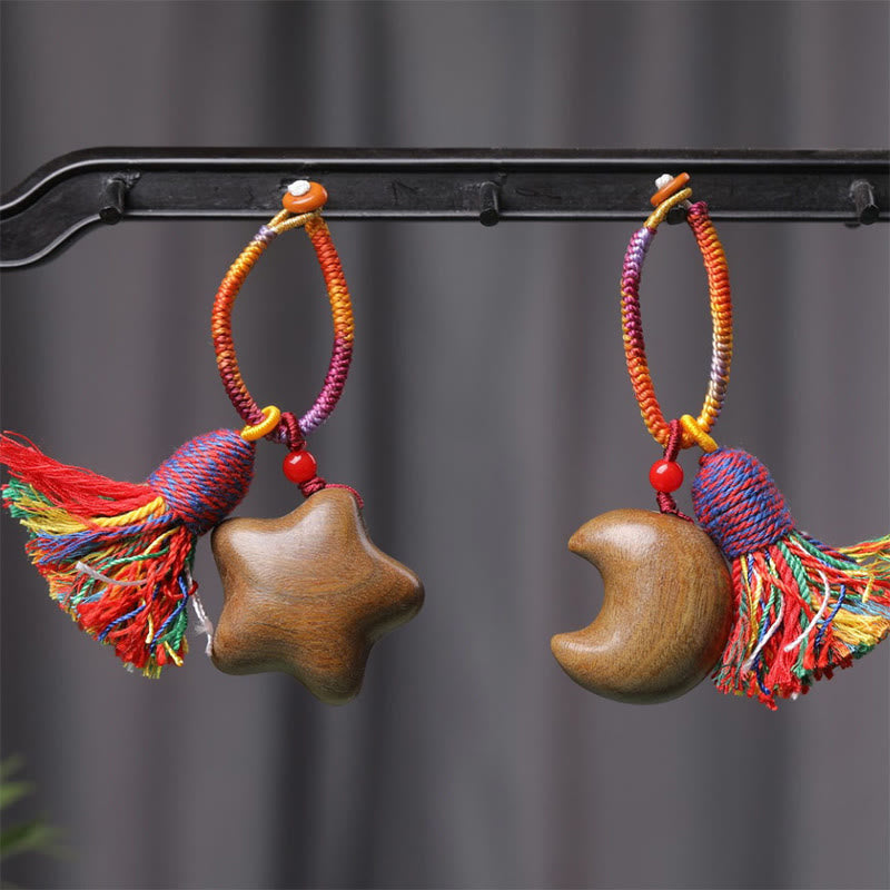 Green Sandalwood Moon & Star Keychain with Colored Rope