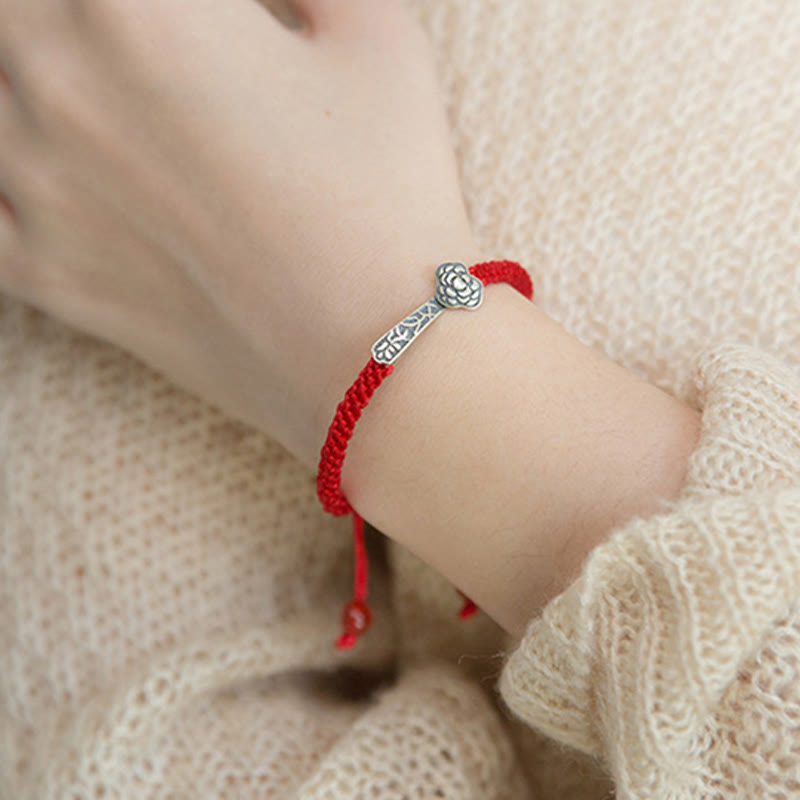 Retro Braided Red String Bracelet with 925 Sterling Silver Ruyi Symbol