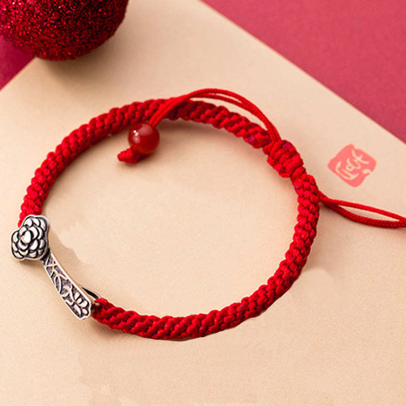 Retro Braided Red String Bracelet with 925 Sterling Silver Ruyi Symbol