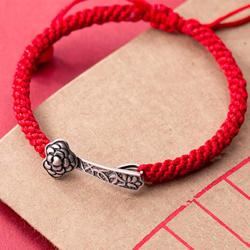 Retro Braided Red String Bracelet with 925 Sterling Silver Ruyi Symbol