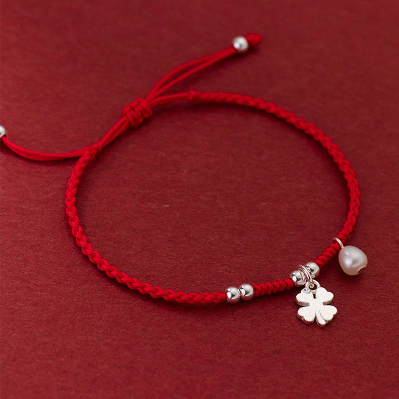 Retro 925 Sterling Silver Four-Leaf Clover and Pearl Red String Bracelet