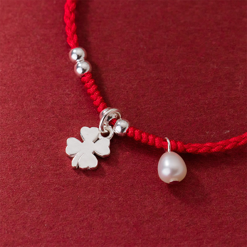 Retro 925 Sterling Silver Four-Leaf Clover and Pearl Red String Bracelet