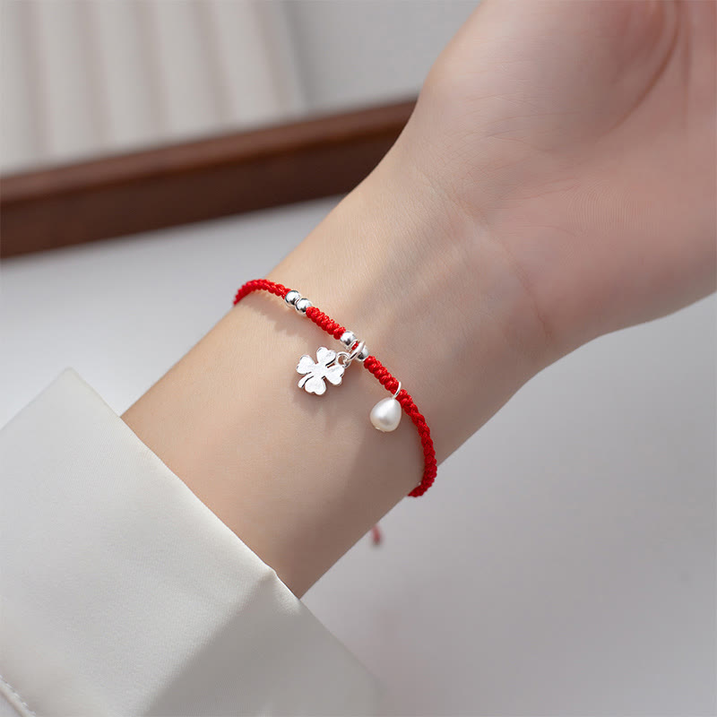 Retro 925 Sterling Silver Four-Leaf Clover and Pearl Red String Bracelet